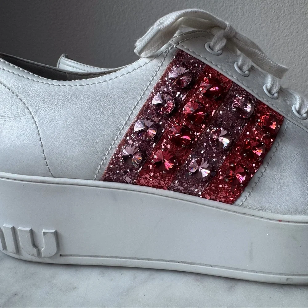 Miu Miu Crystals Glitter‎ White Leather Platform Sneakers Size 10